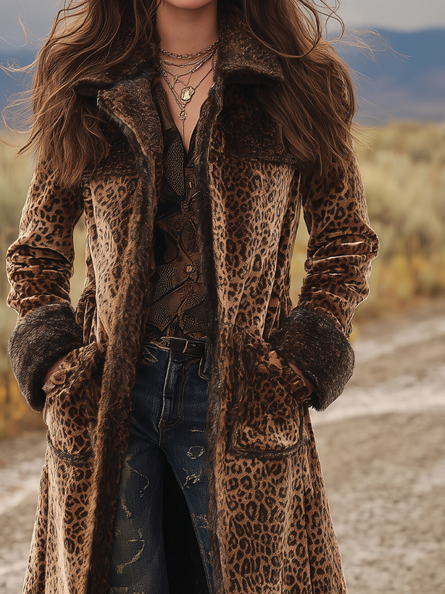 Vintage Fur Collar Leopard Print Velvet Coat