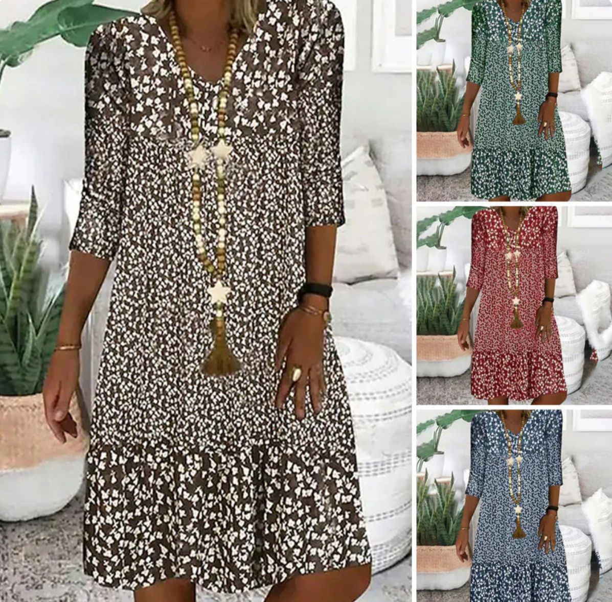 Fashion Printed Women Mid Sleeve V-Neck Dresses