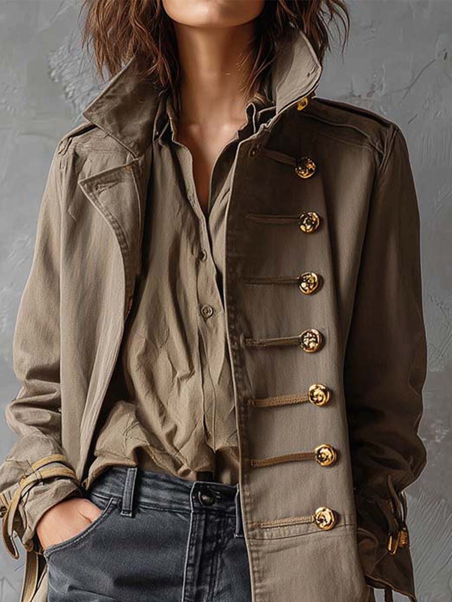 Vintage Military-Inspired Khaki Trench Coat With Gold Button Detailing