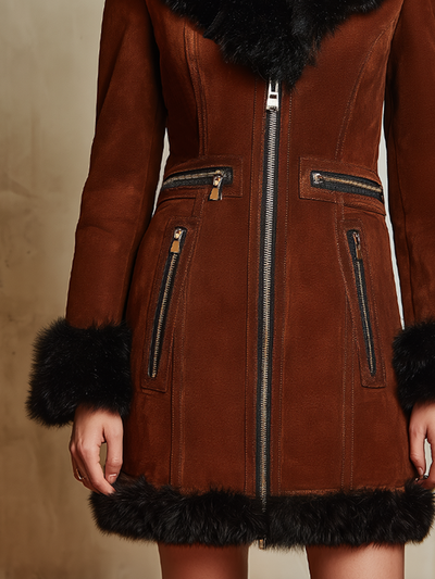 Retro Multi-zipper Fur Collar Eco-friendly Suede Coat