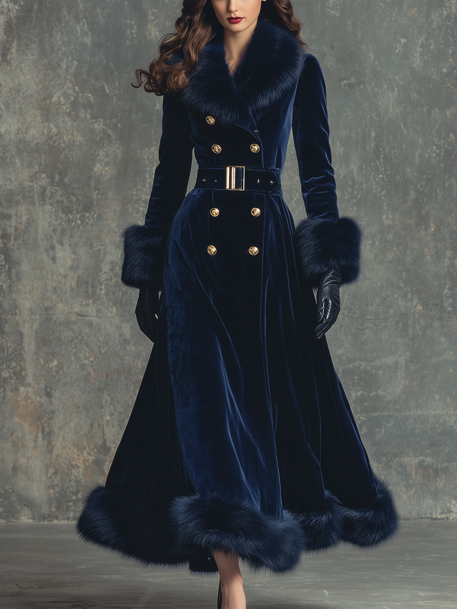 Retro Buttons Fur Collar Velvet Coat