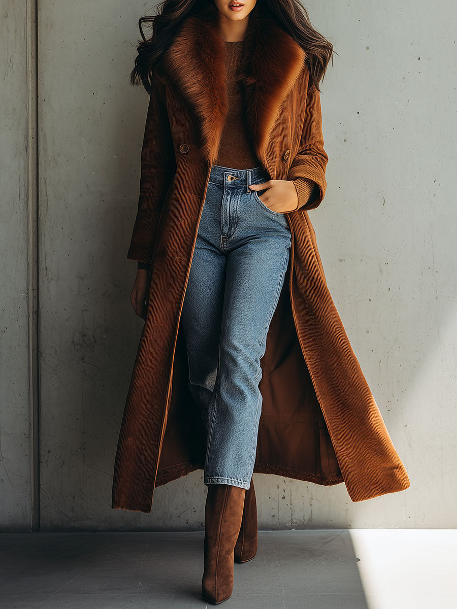Elegant Double-Breasted Long Corduroy Coat With Detachable Eco Fur Collar