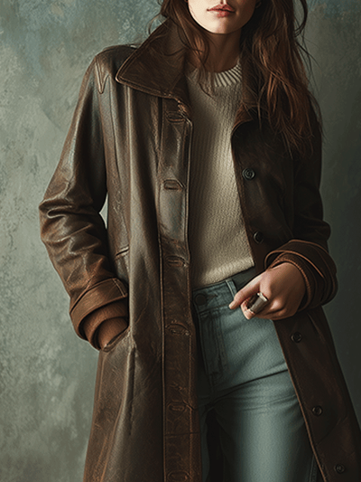 Classic Brown Leather Trench Coat