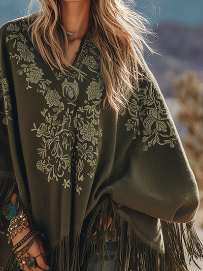 Bohemian Olive Green Embroidered Tassel Cape