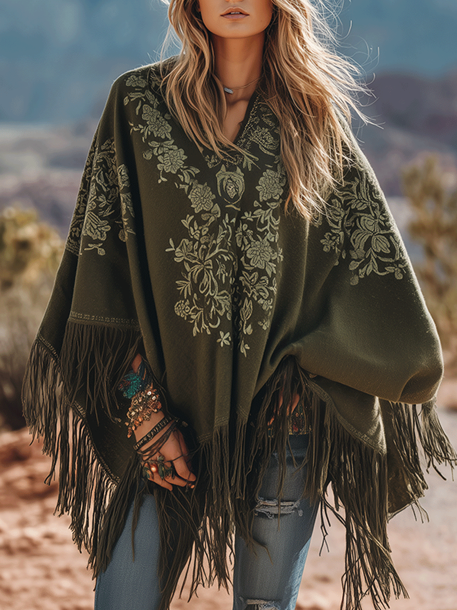 Bohemian Olive Green Embroidered Tassel Cape