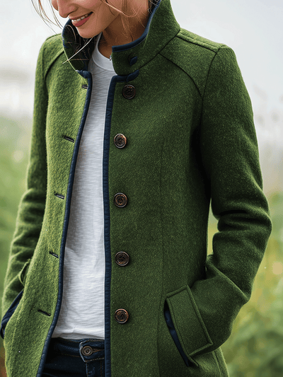 Retro Olive Green Stand Collar Wool-Blend With Contrast Trim Coat