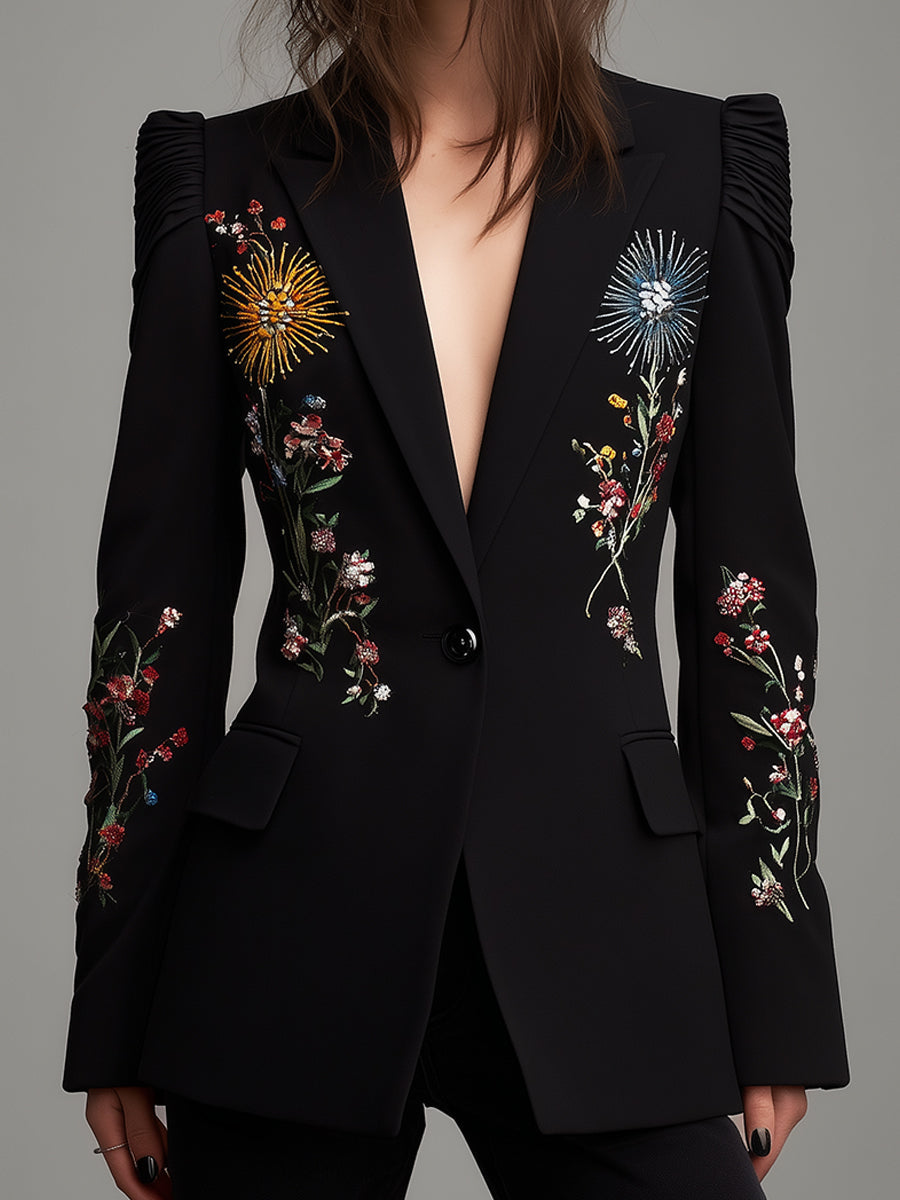 Retro Flower Embroidered Pleated Sleeves Waist Blazer