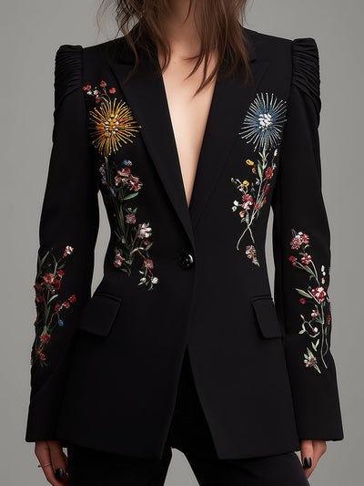 Retro Flower Embroidered Pleated Sleeves Waist Blazer