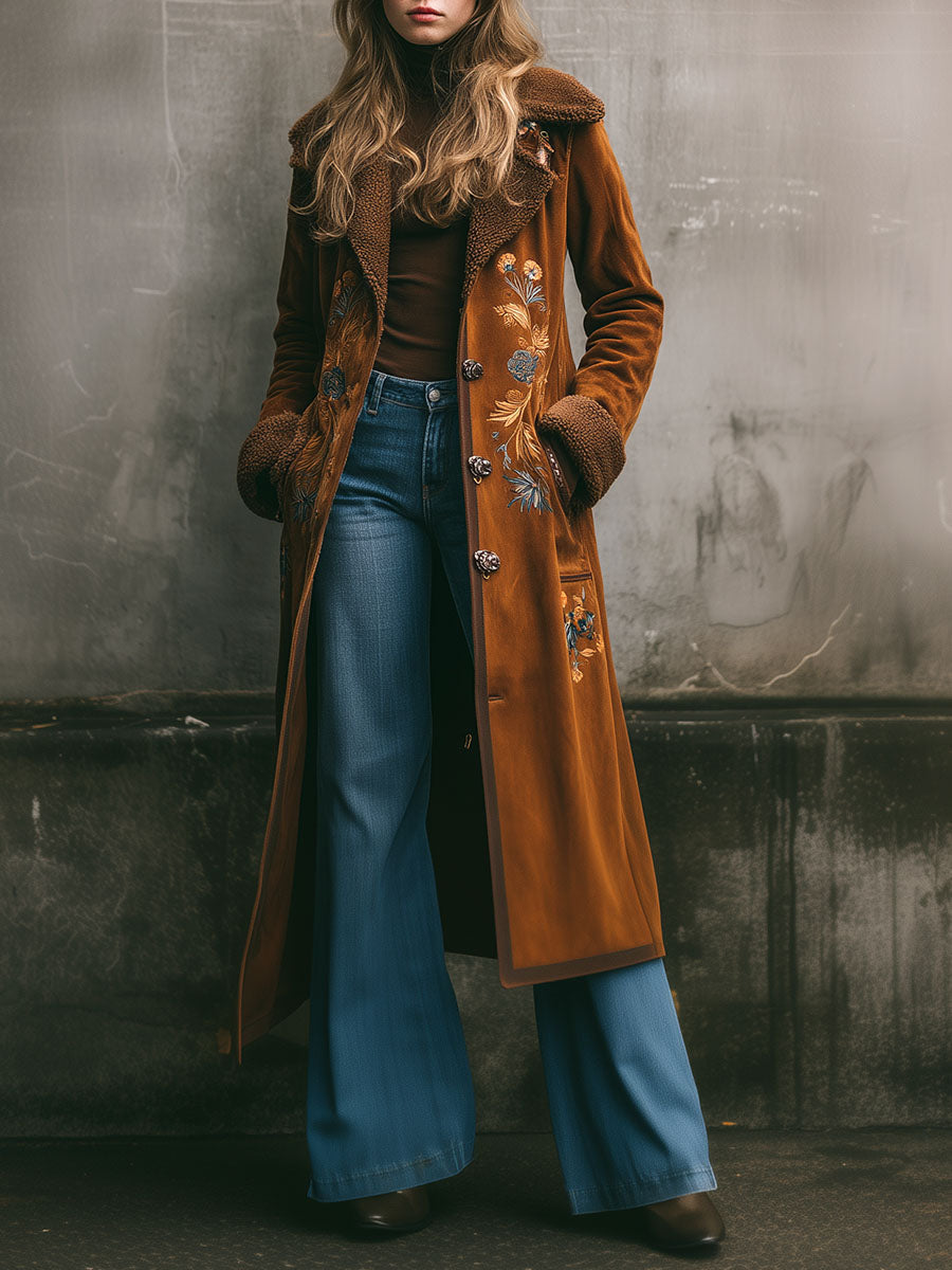 Vintage Embroidered Microsuede Shearling Lining Long Coat