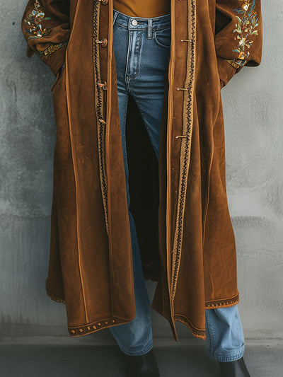 Boho Floral Embroidery Wide Collar Microsuede Long Coat