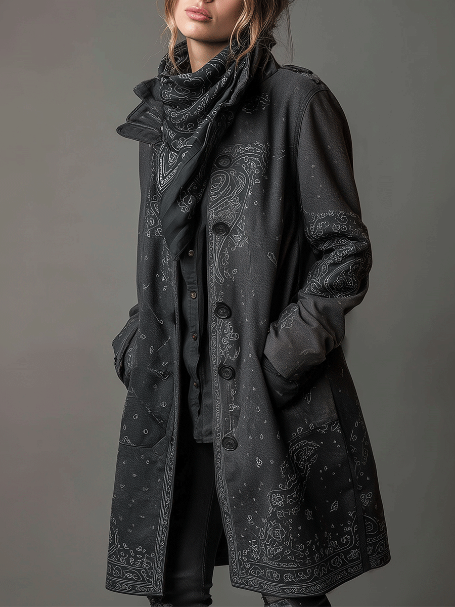 Vintage Dark Charcoal Printed Trench Coat