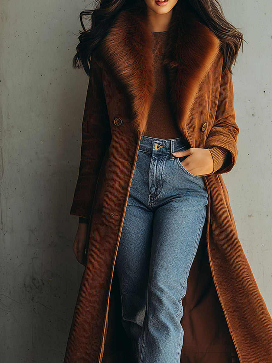 Elegant Double-Breasted Long Corduroy Coat With Detachable Eco Fur Collar