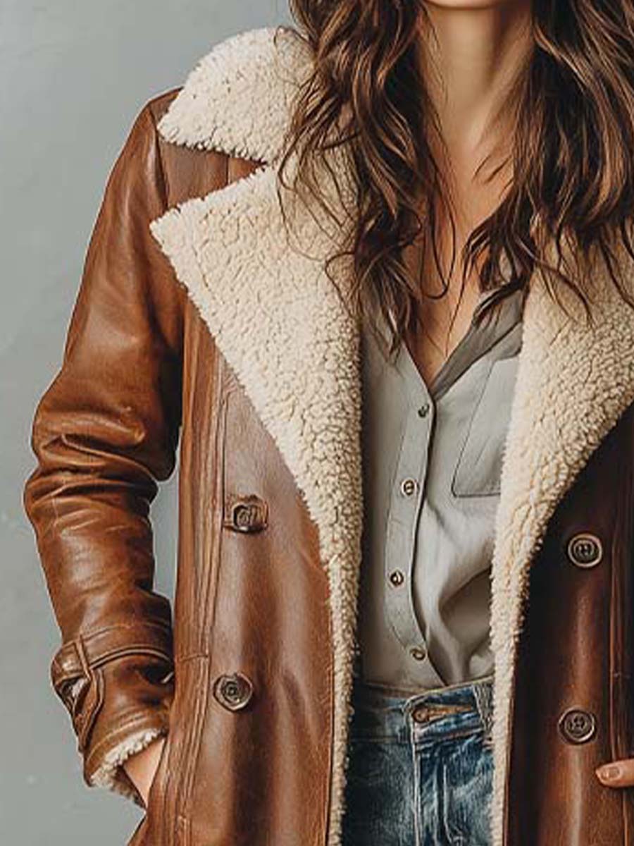 Vintage Shearling-Lined Brown Leather Coat