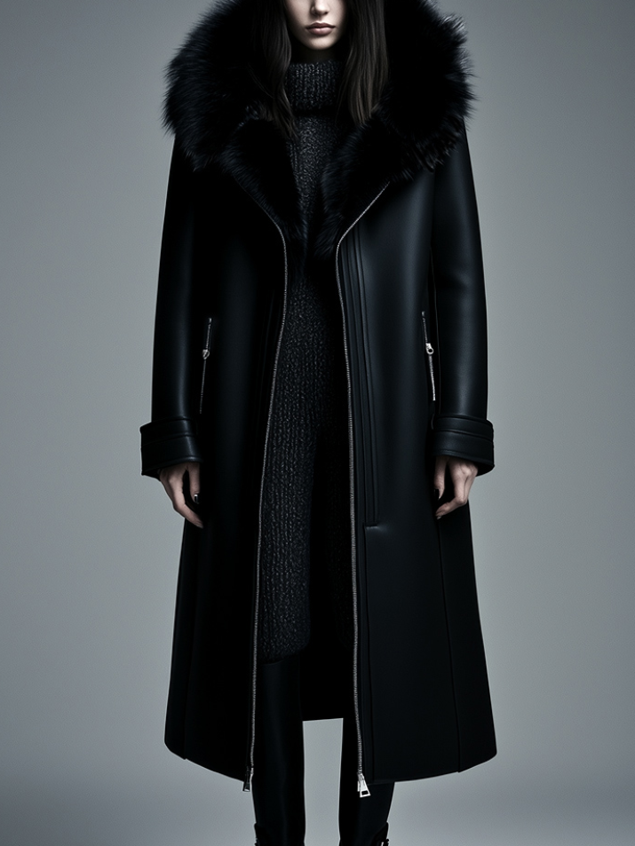 Women Fur Trim Warm Lined Hooded Faux Leather Trench Coat