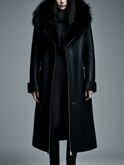 Women Fur Trim Warm Lined Hooded Faux Leather Trench Coat