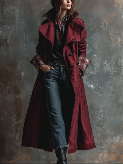 Retro Plaid Cuffs Exaggerated Lapel Trench Coat