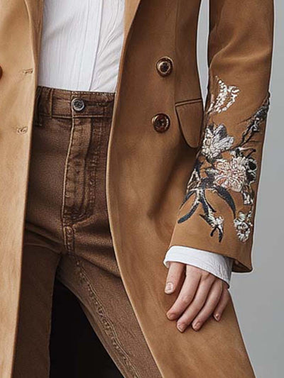 Embroidered Camel Suede Long Coat