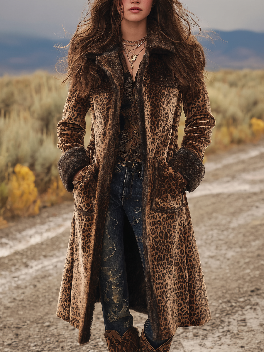 Vintage Fur Collar Leopard Print Velvet Coat