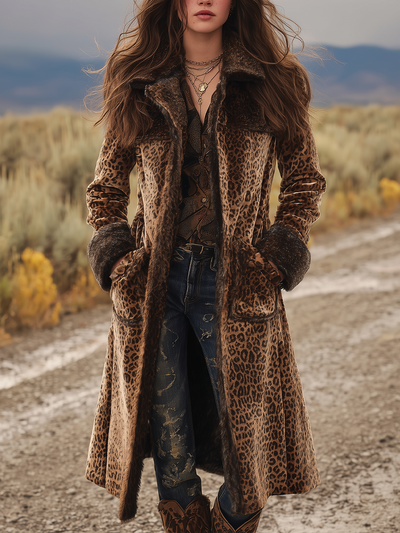 Vintage Fur Collar Leopard Print Velvet Coat