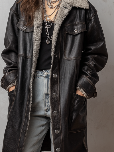 Casual Pocket Shearling Eco-friendly Leather Coat