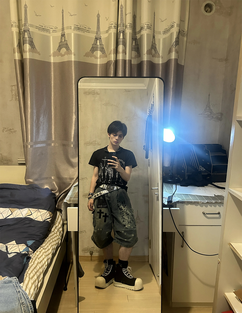 Gothic Washed Denim Shorts with Chains