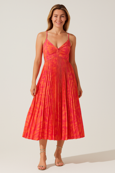 Elegant Floral Print Pleats Midi Dress