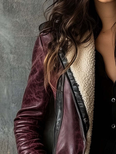 Women's Vintage Burgundy Lambskin Faux Leather Coat