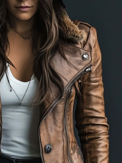 Women's Vintage Fur Collar Zipper Faux Leather Coat