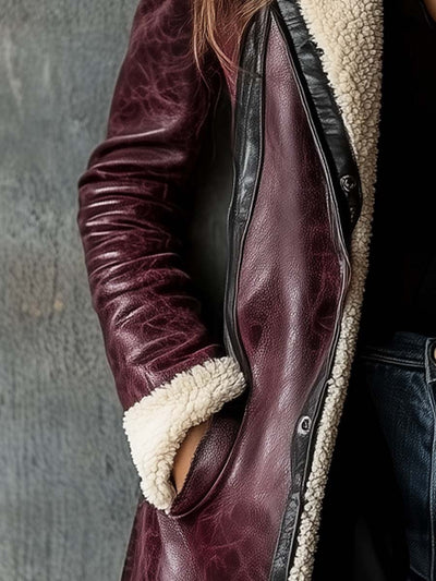 Women's Vintage Burgundy Lambskin Faux Leather Coat